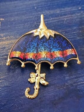 Vintage Gold Umbrella Pin With Blue Iridescent Canopy